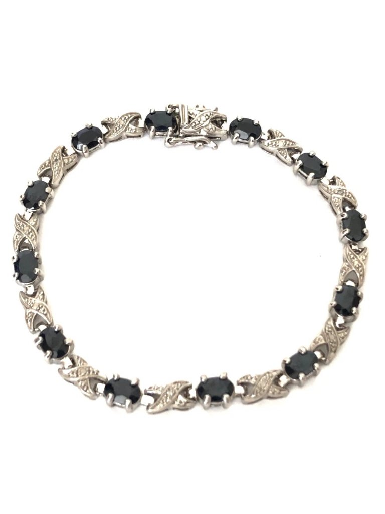 Blue Sapphire Diamond Sterling Silver 925 Link Tennis Bracelet Estate Find 7.25"